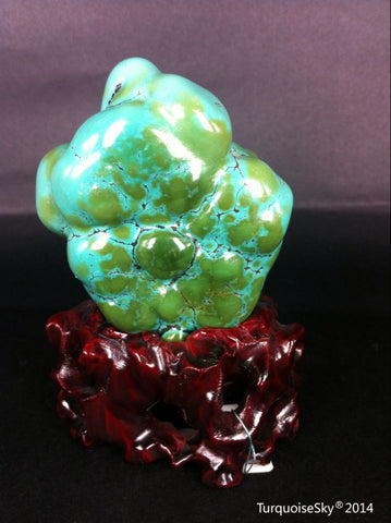 Natural blue turquoise stone with redwood stand 219.6 grams