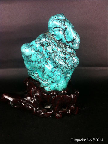 Natural blue turquoise stone with redwood stand 409.4 grams